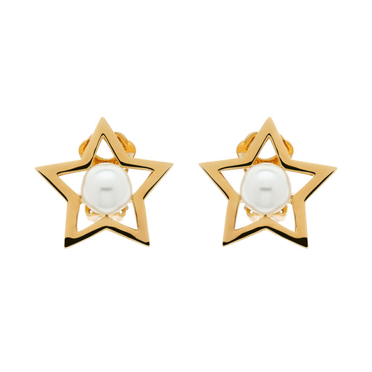 Gold Pearl Star Clip Earrings