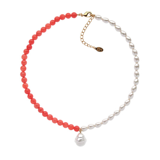 Coral and Baroque Pearl Drop Necklace
