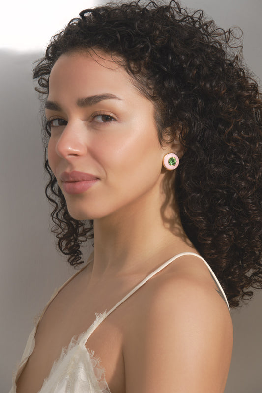 Pink and Peridot Crystal Disc Clip Earrings