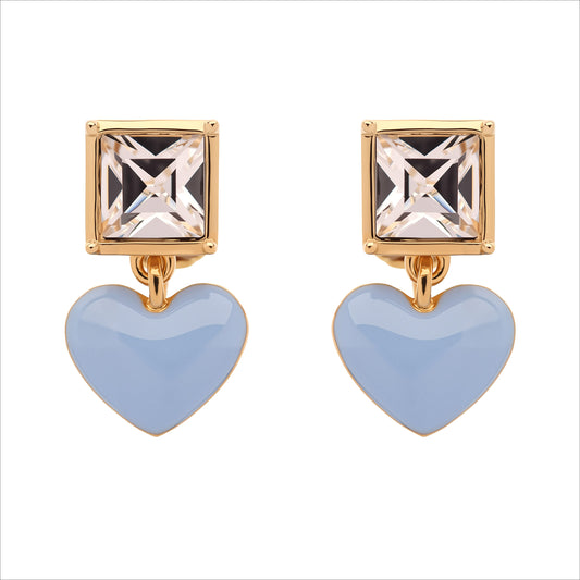 Blue Enamel Heart and Crystal Clip Earrings