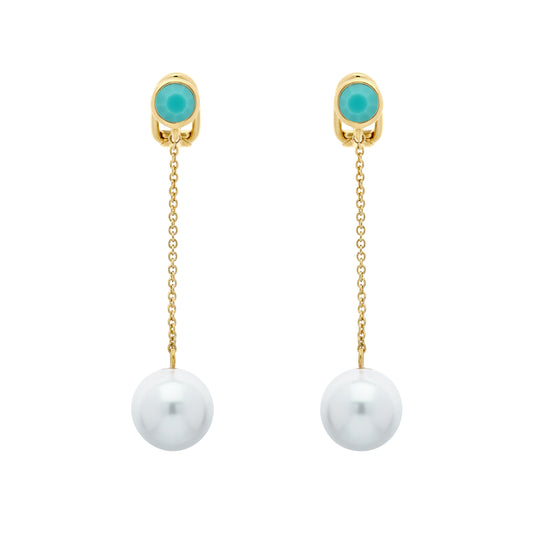 Turquoise & Pearl Chain Clip Earrings