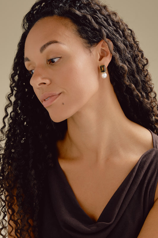 Smoky Quartz Crystal & Pearl Clip Earrings