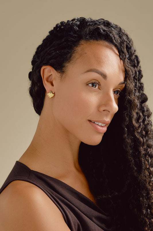 Gold Fan & Aventurine Clip Earrings