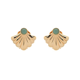 Gold Fan & Aventurine Clip Earrings