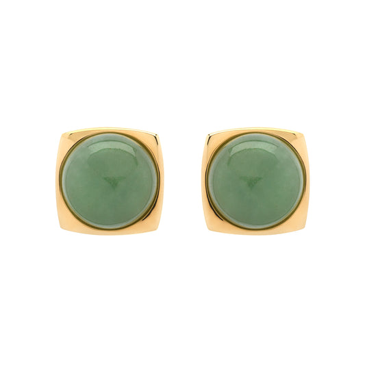 Pair of gold-framed green round earrings on a white background