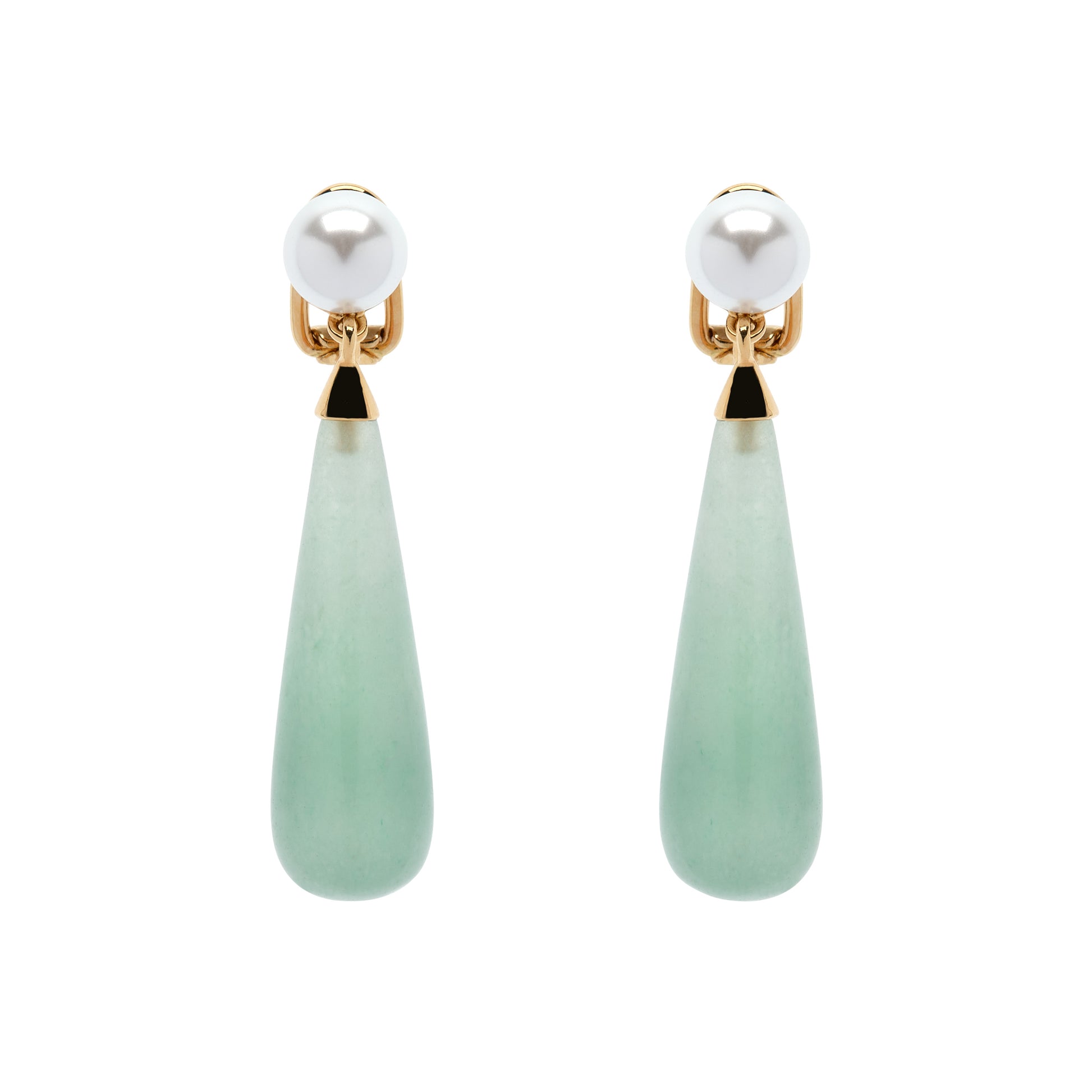 Pair of earrings with white pearls and green teardrop-shaped stones on a white background