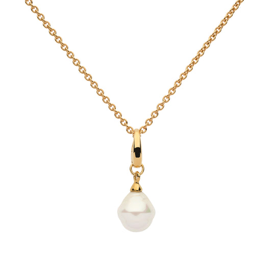 Gold necklace with a white pearl pendant on a white background