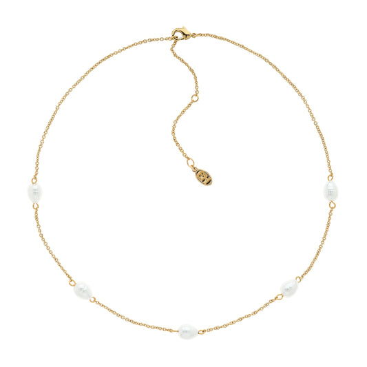A gold-colored chain necklace with baroque pearl beads and a gold-tone clasp.