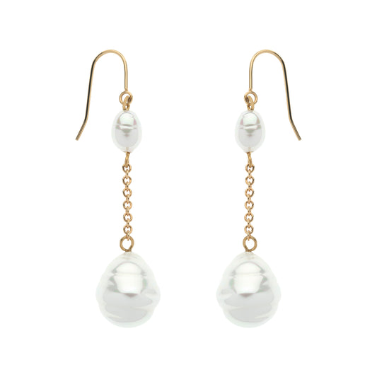 Pair of pearl earrings with gold hooks on a white background