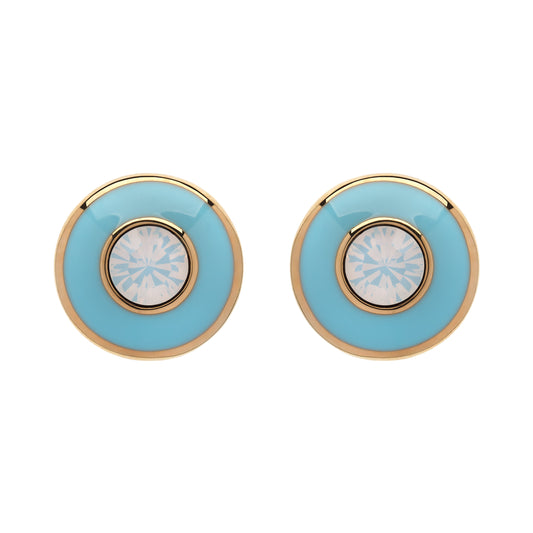 Pair of earrings with gold and blue circular design on a white background