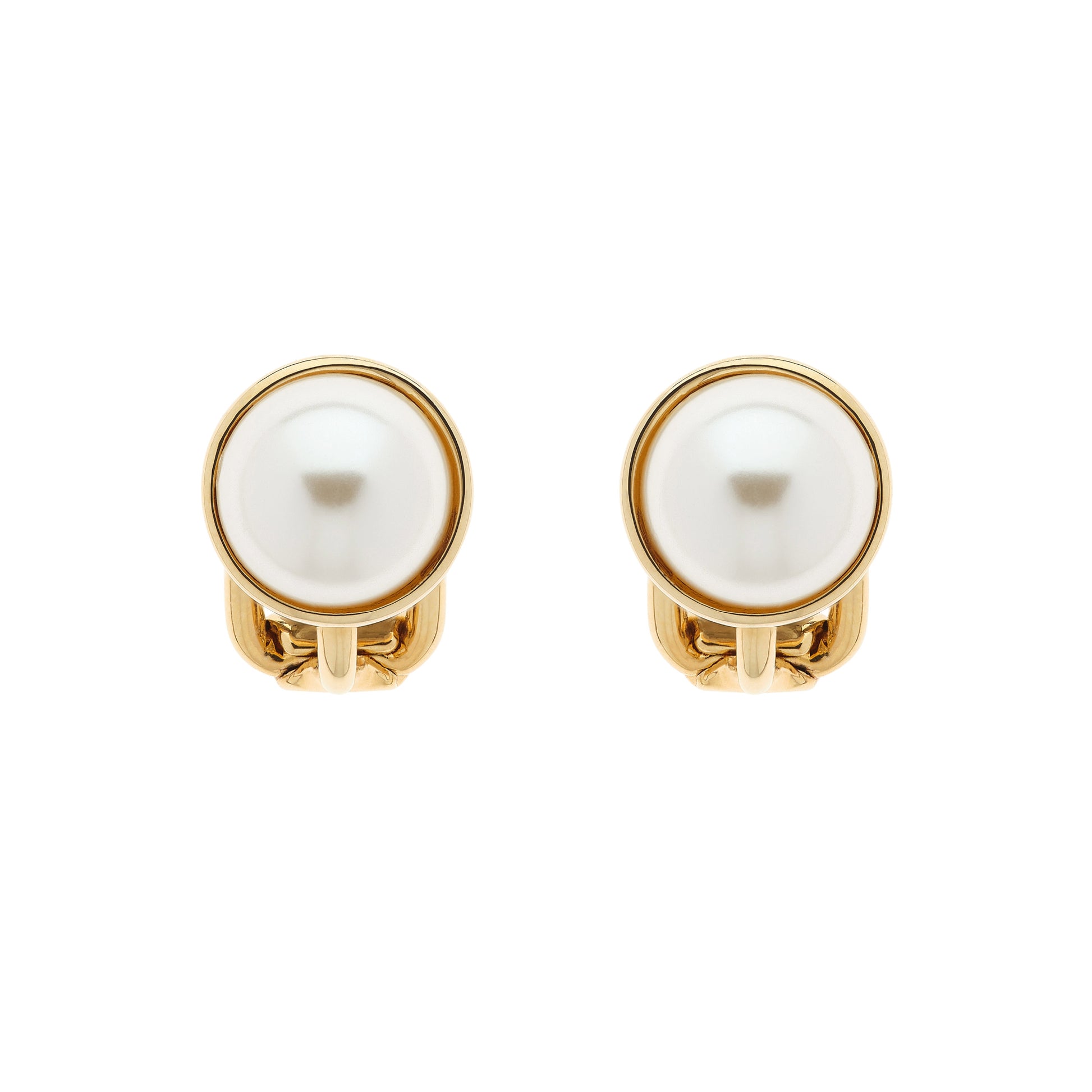 Pair of gold earrings with white pearls on a white background