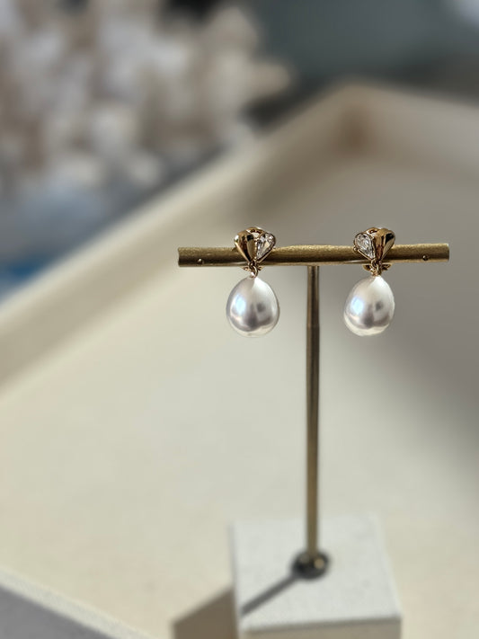 Gold Crystal Heart Pearl Drop Clip Earrings