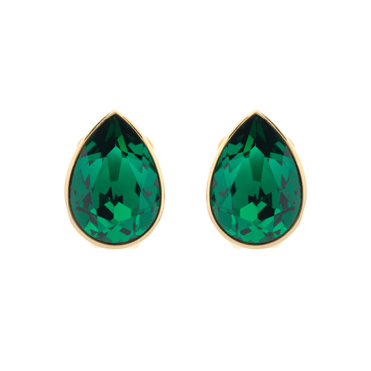 Teardrop-shaped green gemstone earrings with gold settings on a white background