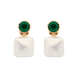 Pair of earrings with green gemstones and white square pendants on a white background