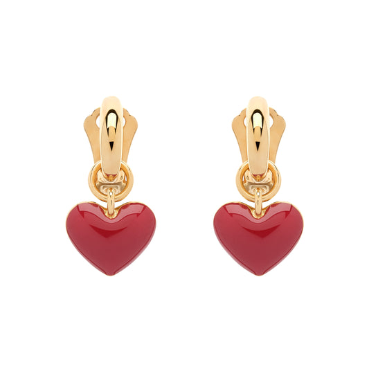 Gold hoop earrings with red enamel heart