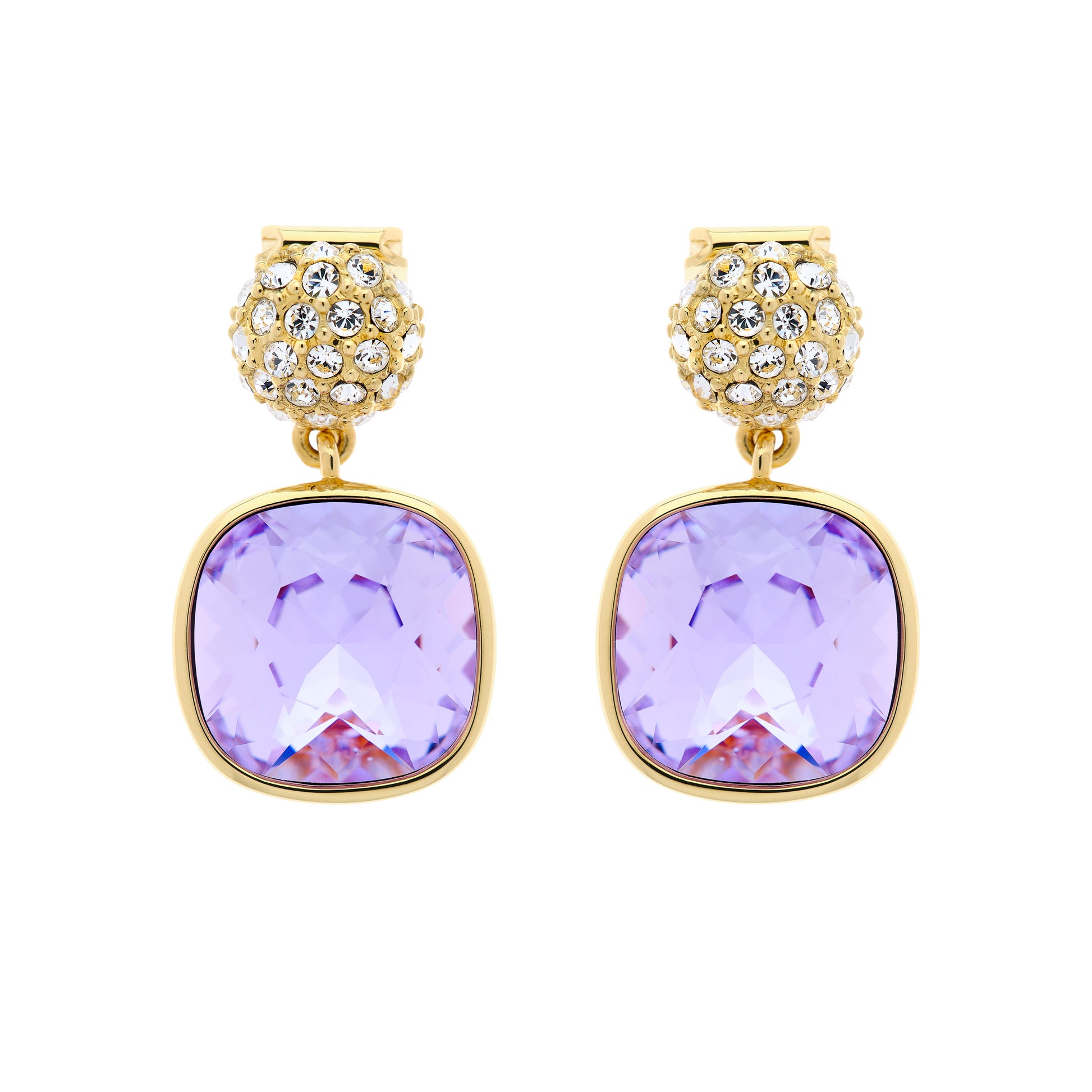 A pair of clip earrings featuring a cushion-shaped amethyst crystal set in a gold-tone mounting with a smaller pave crystal stud on top.