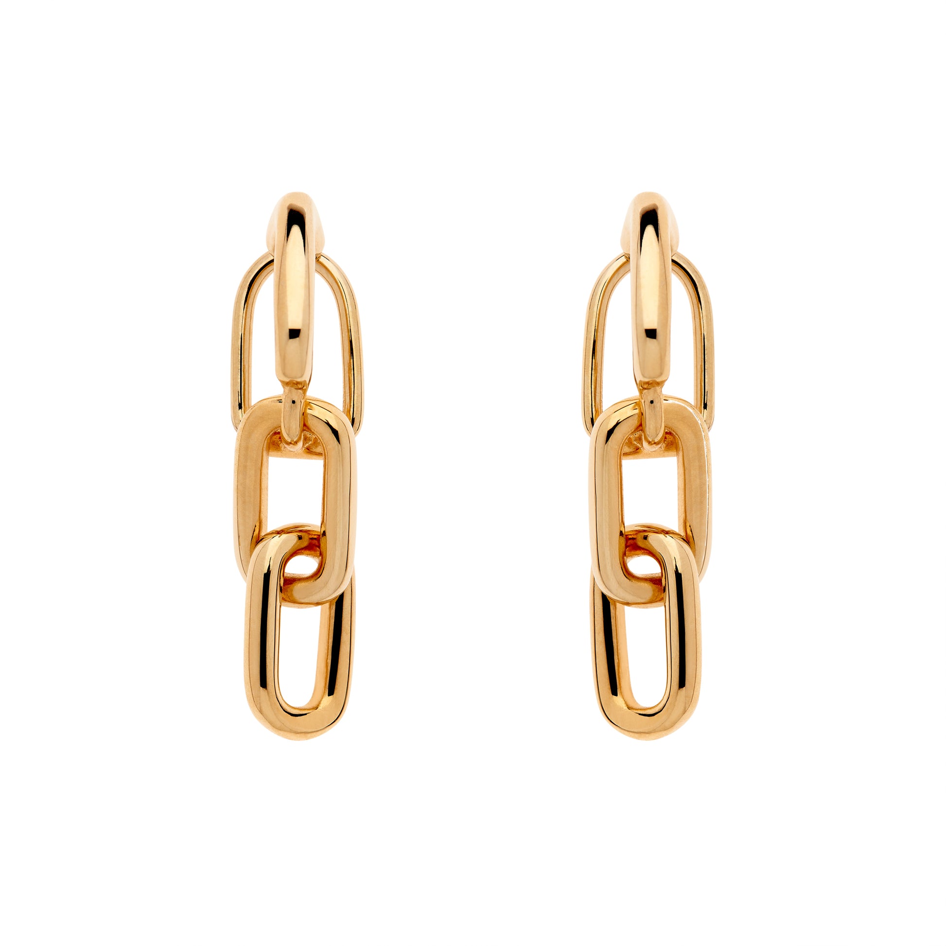 A pair of gold-plated clip-on earrings featuring a drop chain design.