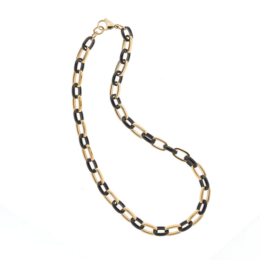 Gold and black chain necklace on a white background