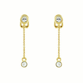 A pair of gold clip-on earrings featuring a crystal charm on a chain.