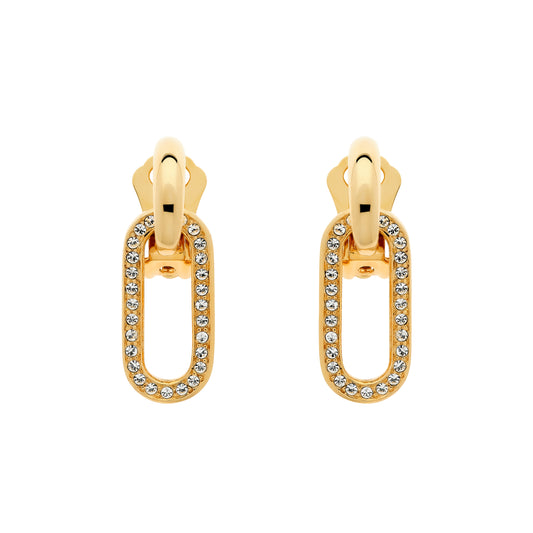 A pair of gold clip-on earrings featuring oval hoops with sparkling crystal details.