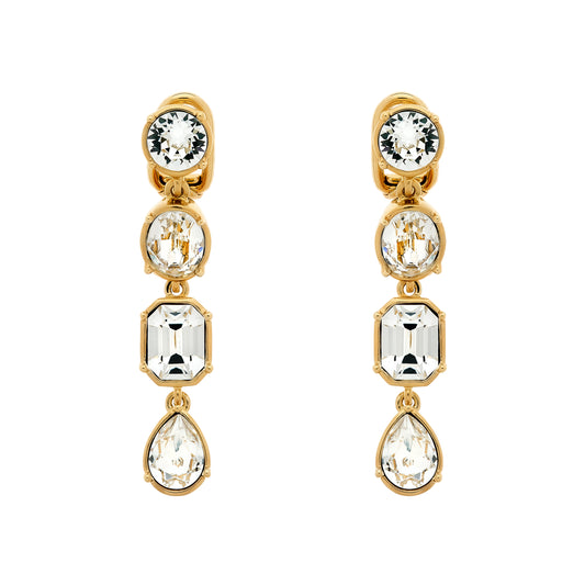 A pair of gold and crystal drop clip earrings with multiple clear crystal drops suspended from a gold-colored hoop.