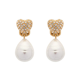 Pair of earrings with heart-shaped gold tops and pearl drops on a white background