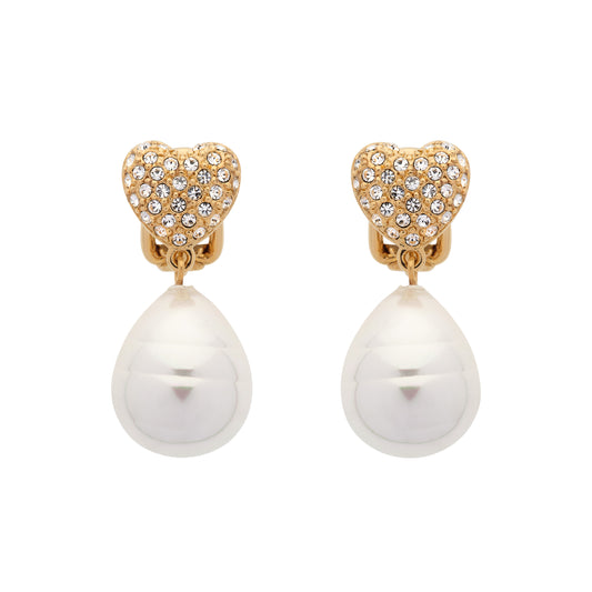 Pair of earrings with heart-shaped gold tops and pearl drops on a white background