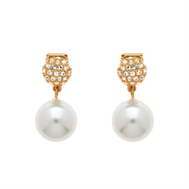 A pair of clip earrings featuring gold plate with pave crystals and a large faux pearl.
