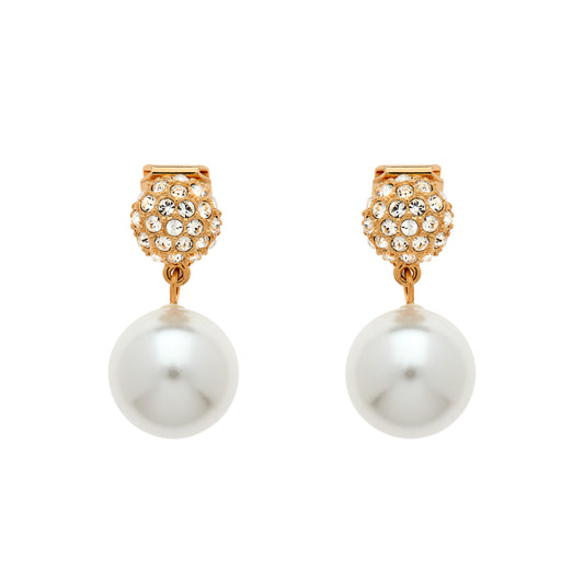A pair of clip earrings featuring gold plate with pave crystals and a large faux pearl.