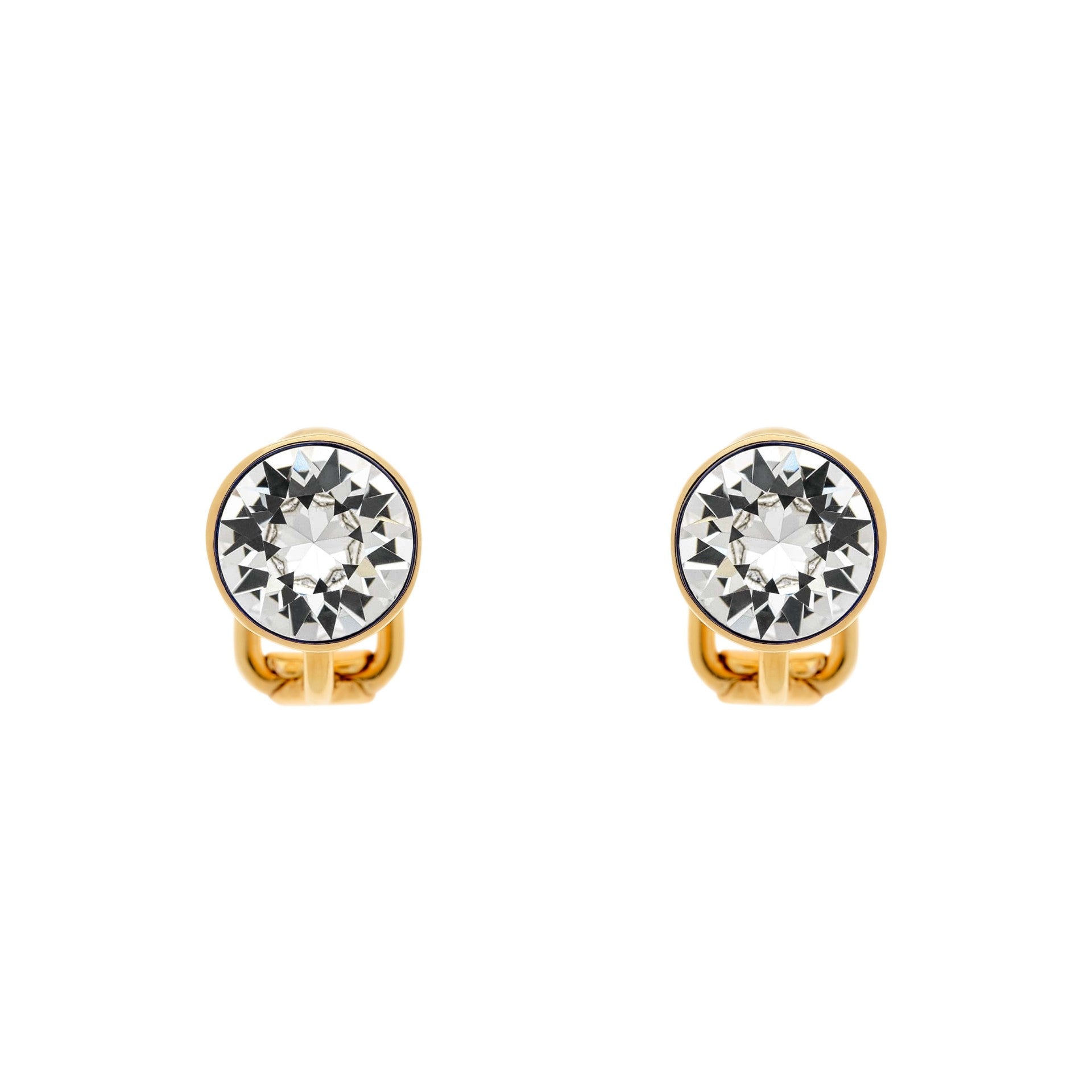 A pair of gold-colored clip-on earrings with crystal studs.