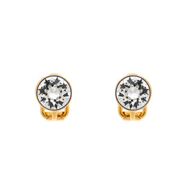 A pair of gold-colored clip-on earrings with crystal studs.