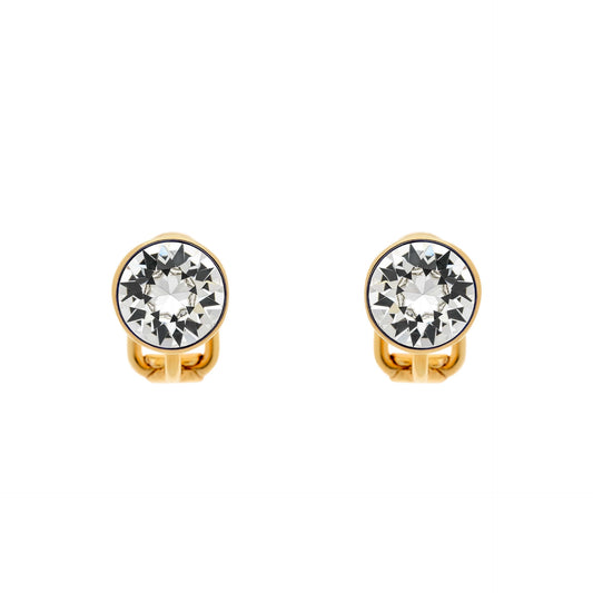 A pair of gold-colored clip-on earrings with crystal studs.