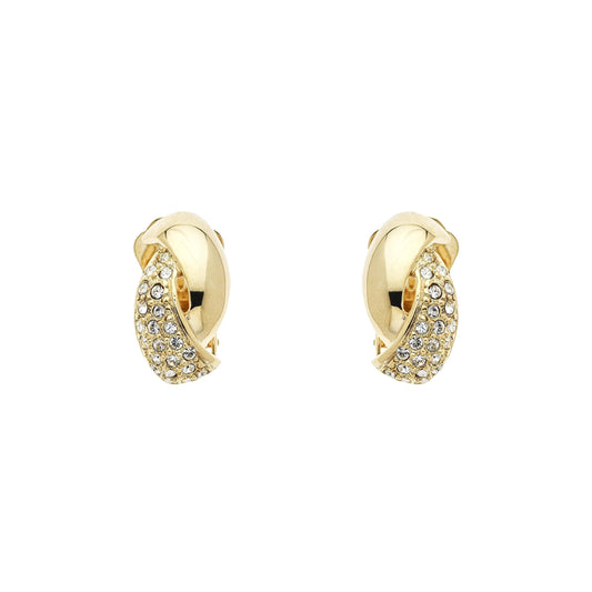 A pair of gold-colored clip-on earrings featuring a twist design with pave crystals.