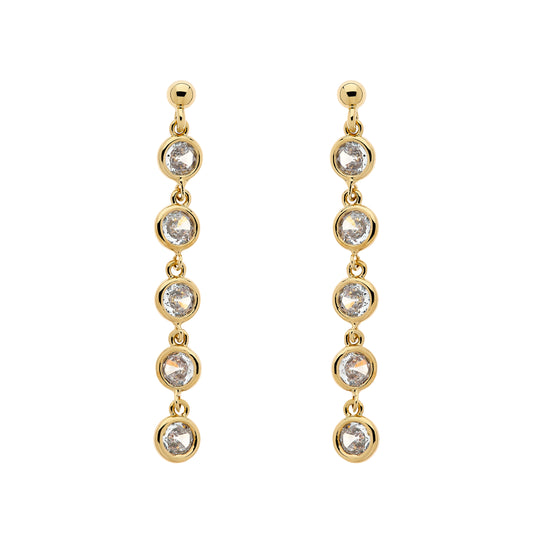 Gold earrings with multiple round gemstones on a white background