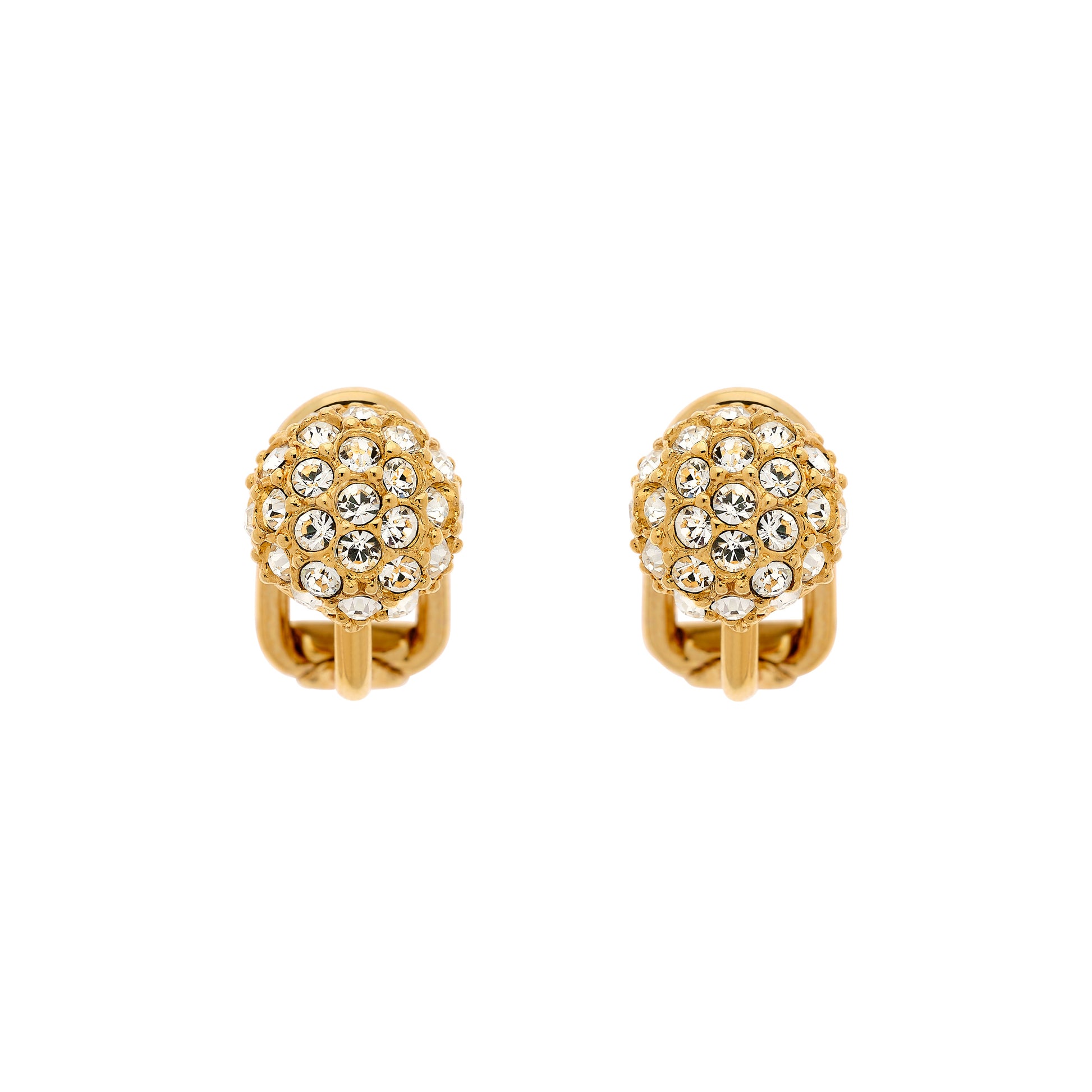 A pair of gold-colored clip-on earrings with crystal embellishments.