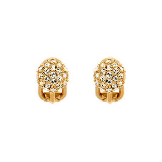 A pair of gold-colored clip-on earrings with crystal embellishments.