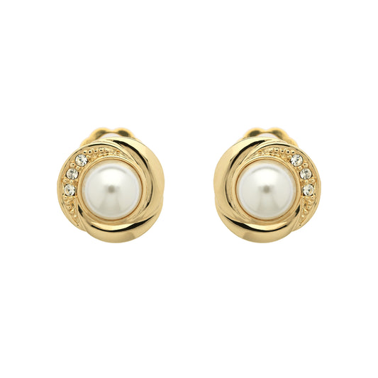 A pair of gold-plated clip earrings featuring white faux pearls and a trio of sparkling crystals.
