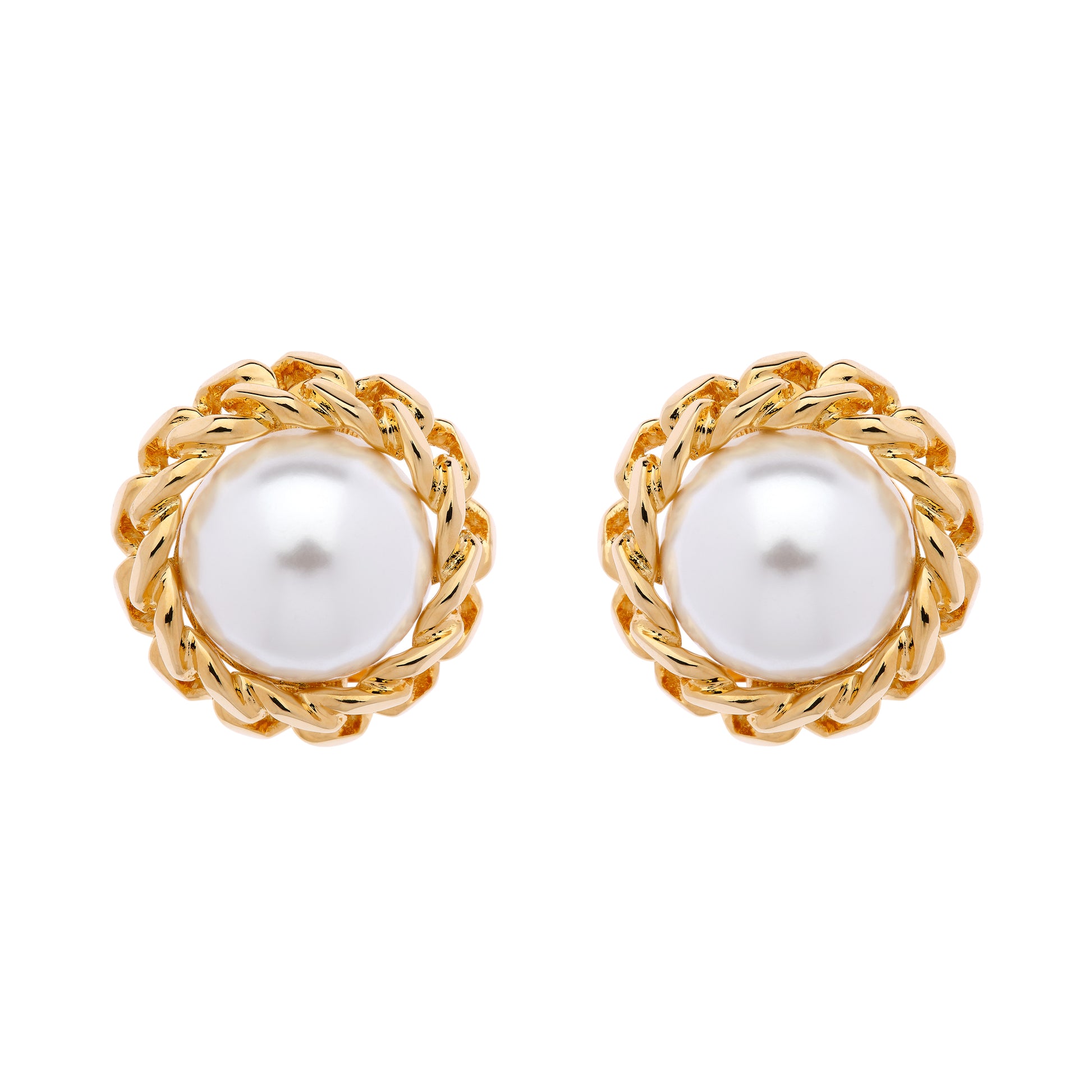 A pair of clip-on earrings featuring a gold-plated chain surrounding a pearl-like element, designed as a fashion accessory.