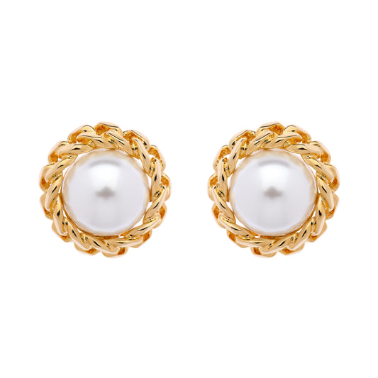 A pair of clip-on earrings featuring a gold-plated chain surrounding a pearl-like element, designed as a fashion accessory.