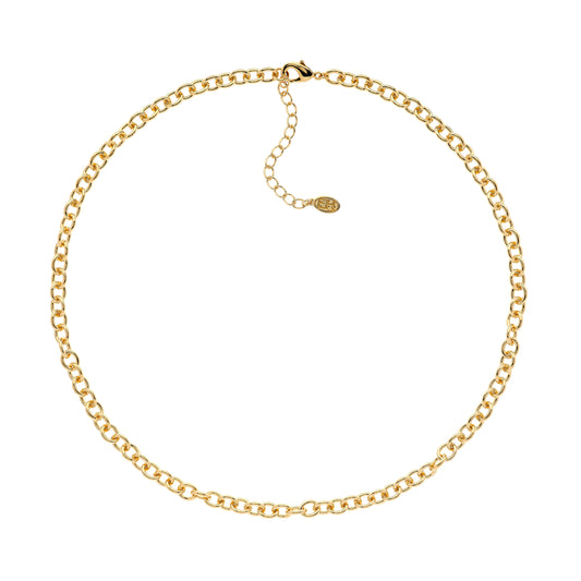 A gold plated chain necklace with a length of 42cm, featuring a glossy finish and a lobster clasp fastening.