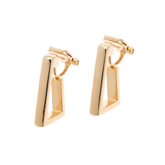 A pair of gold hoop clip earrings with a polished edge.