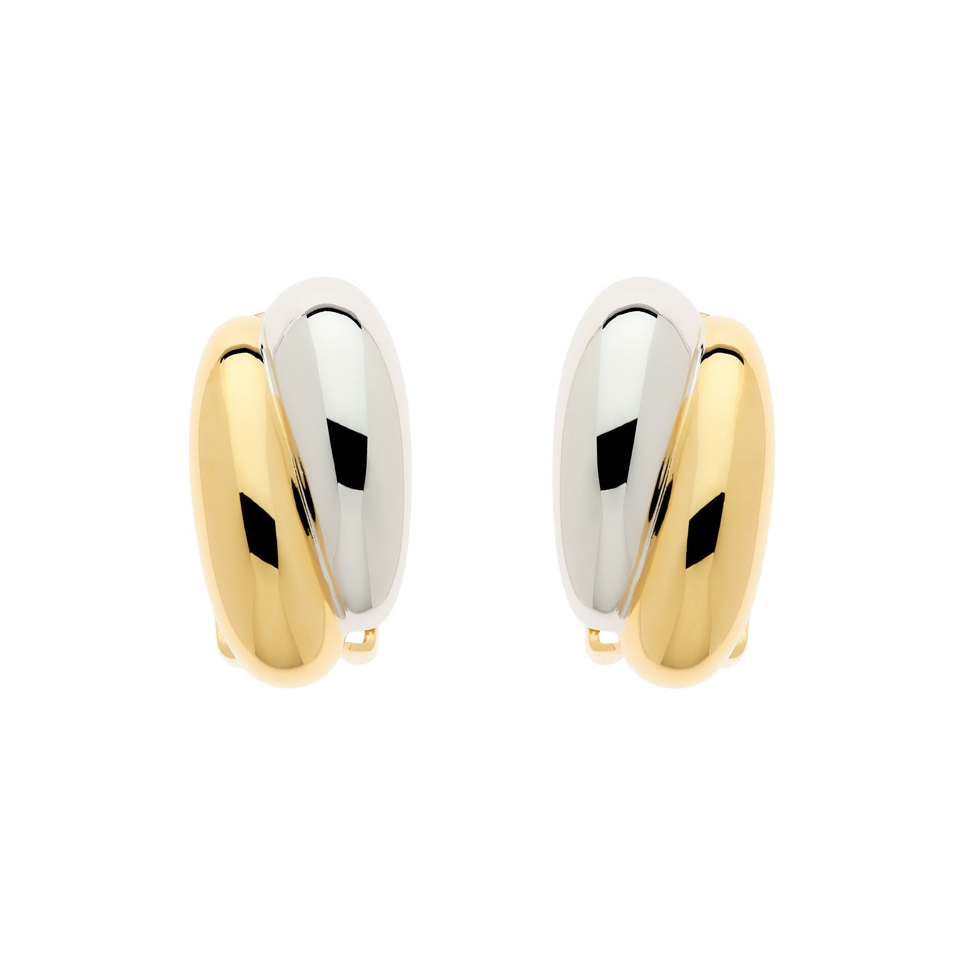 A pair of clip earrings featuring a gold and platinum plating with a curved design.