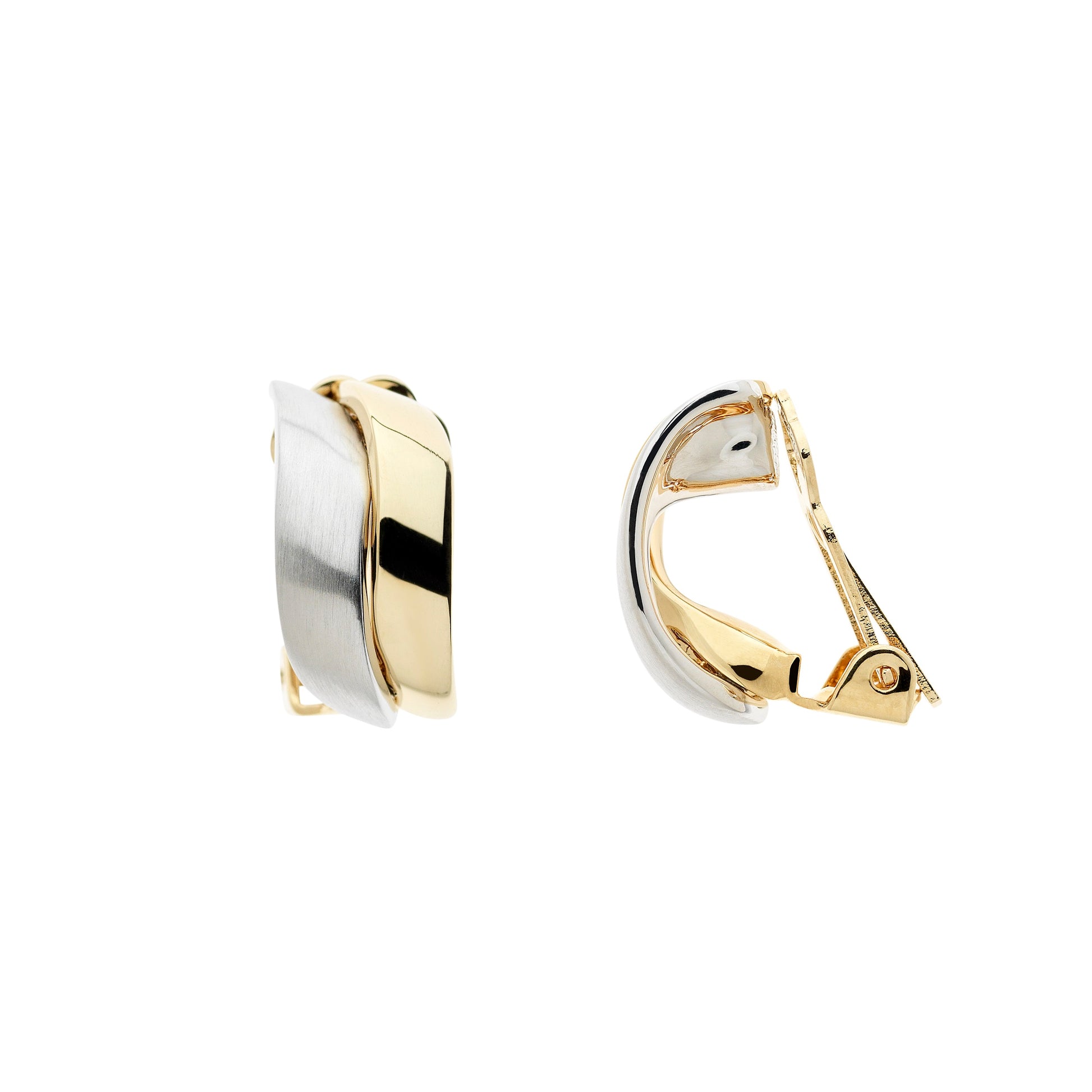 A pair of clip earrings featuring a two-tone wave design with one earing in gold and the other in brushed platinum.