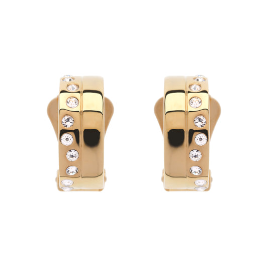 Gold hoop earrings with embedded crystals on a white background