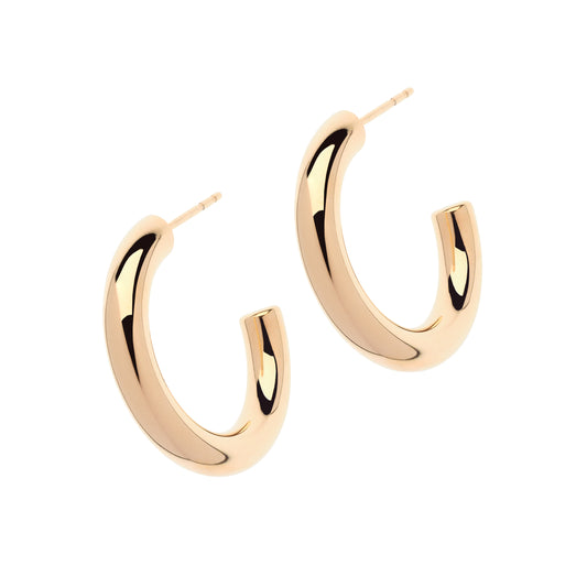 A pair of polished gold hoop earrings with a modern, curved open-back design, shown on a solid white background.