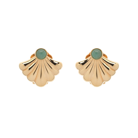 Gold shell-shaped earrings with green gemstones on a white background