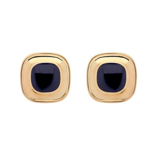 Gold square earrings with dark gemstones on a white background