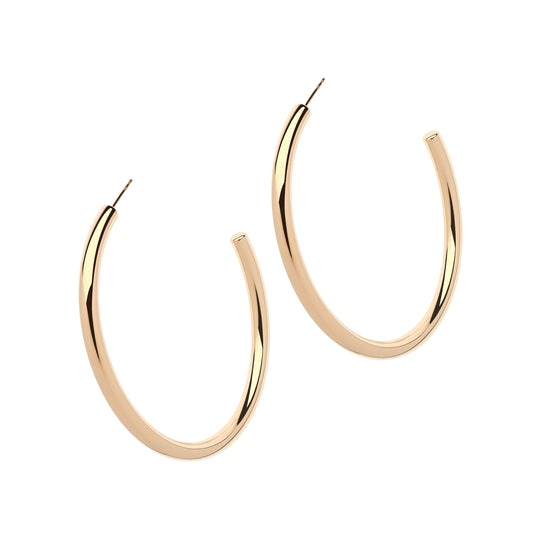 A pair of polished gold-tone hoop earrings with a sleek, curved design, shown against a solid white background.