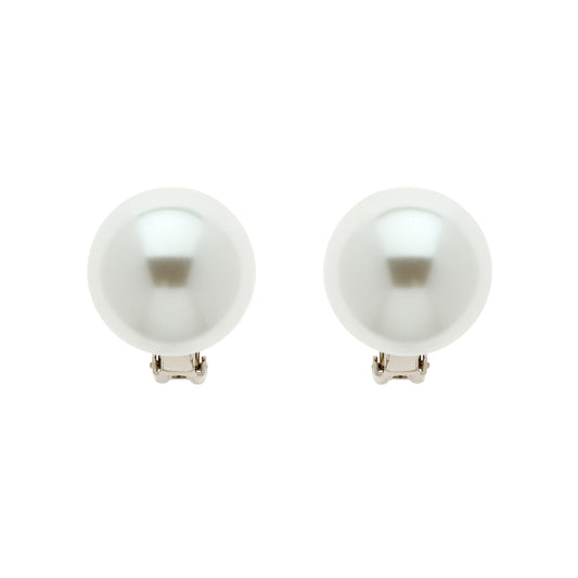 A pair of large pearl clip earrings with a platinum plated finish.