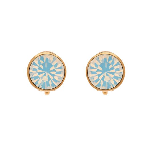 A pair of gold-plated clip-on earrings featuring opal crystal centers with a round shape and intricate pattern.